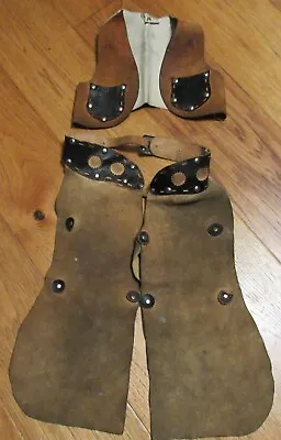 Vtg 1950's Suede Leather Small Childs Western Chaps Vest Set Keyston Bros S.F. • $59.99