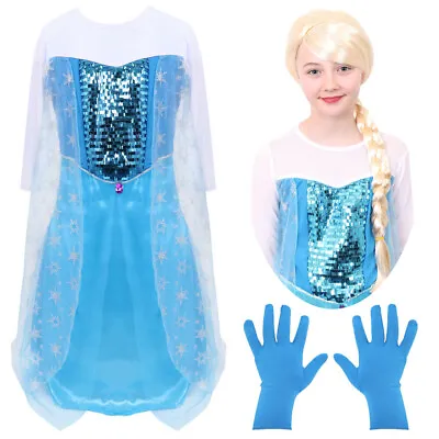 Ice Queen Costume Girls Movie Childs Blue Gown Fairytale Princess Fancy Dress • £8.99