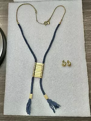 Madewell Brand Brushed Gold Tone & Blue Cord 22” Necklace W Mated Hoop Earrings  • $15