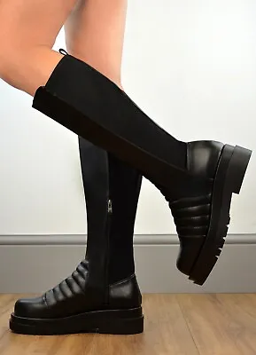 £22.99 • Buy Black Womens Chunky Quilted Flat Ribbed Platform Calf Knee Length Boots Size 6UK