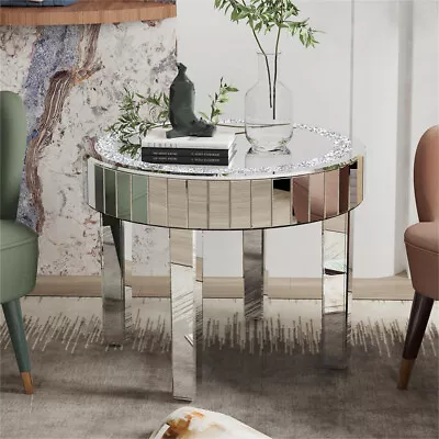 Dazzling Round Mirror Table Diamond Silver-plated End Side Table For Living Room • $164.91