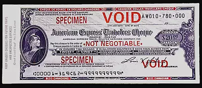 $20 CANADIAN American Express TRAVELERS CHEQUE / Check SPECIMEN CA$ Dollar AMEX • $8.95