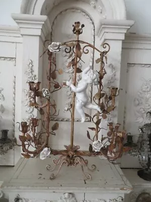 OMG Old Vintage CANDELABRA Candle Stand Italian Tole PORCELAIN CHERUB & ROSES • $250