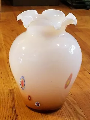  Hand Blown Ruffle Rim  Art Glass Vase Ombre Peach/Amber W/ Millefiore Design • $16.62