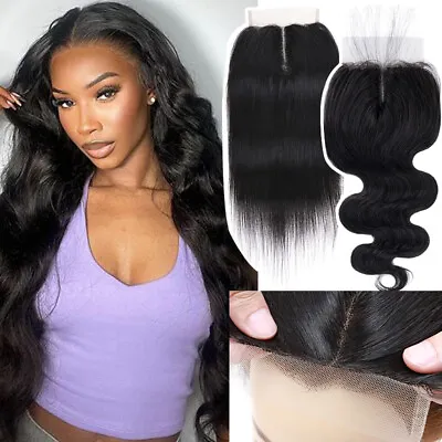 Body Wavy 4x4 T-Part Lace Frontal Closure Hairpiece Virgin Real Remy Human Hair • £23.59