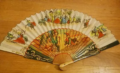 Vintage Spain Hand Painted Paper Wood Folding Fan Lady & Bull Fighting • $36