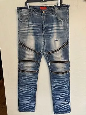 Victorious 40x33 Mens Casual Heavy Distressed Zipper Denim Jeans Medium Repaired • $18.99