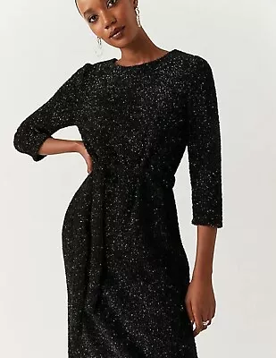 🔥new🔥marks And Spencer Tinsel Sparkle Belted Midi Shift Dress Black M&s • £14.99