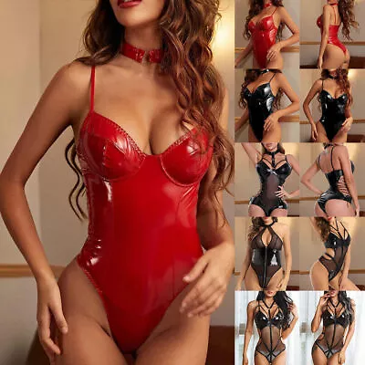 Women Mesh Sexy Bodysuit PU Leather Wet Look Babydoll Lingerie Leotard Nightwear • £10.59