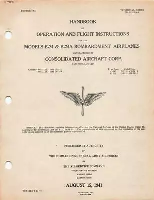 1942 Aaf Consolidated B-24 & B-24a Liberator Bomber Pilots Flight Manual-cd • $39.99