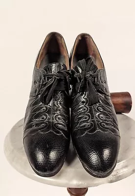 Antique 1920’s Black Leather High Heel Shoes W Cutout Dimple Detail - Size 11aaa • $213.64