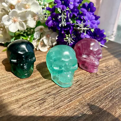 3pc Natural Rainbow Fluorite Carved Skull Quartz Crystal Skull Carving Healing • $45