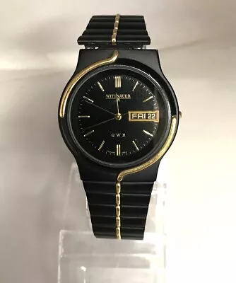 Vintage 1980s Wittnauer QWR 32.5mm Black Gold Day Date Bracelet Watch • $69.99