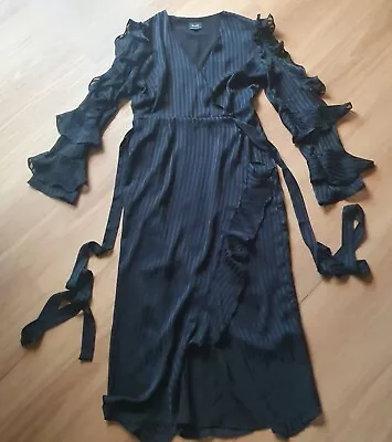 ☆Bardot☆ Black Striped Maxi Wrap Dress -Long Sleeve With Ruffles- Sz 12 • $48