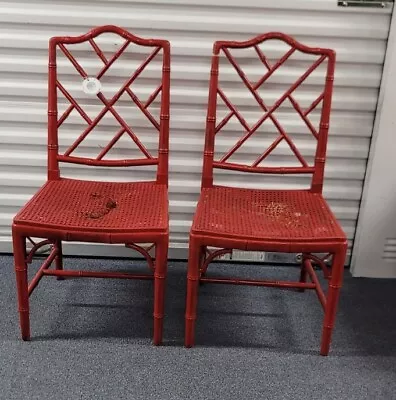 Vintage Chippendale Faux Bamboo Hollywood Regency Red Chairs Cane Seats • $250