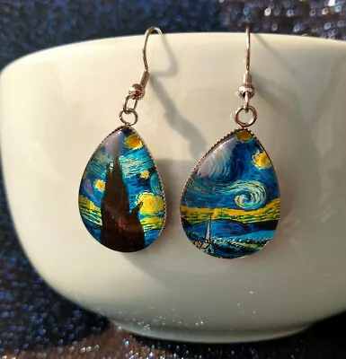 Vincent Van Gogh Starry Night Handmade Glass Teardrop Dangle Hook Earrings • $16.95