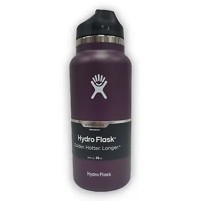 32oz Hydro Flask Water Bottle Stainless Steel Wide Mouth W/Straw Lid EggPlant • $23.99