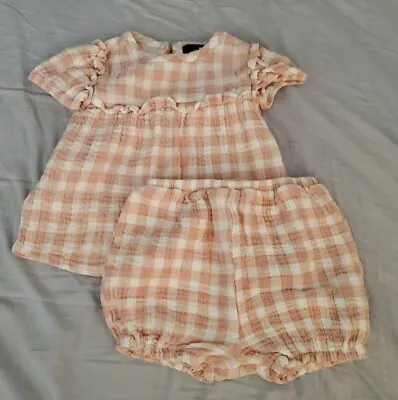 Infant Baby Girl 7 FOR ALL MANKIND 2 Puece Top & Shorts Set Pink Gingham 18M • $3.30