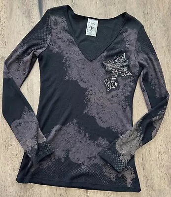 New Vocal Apparel Womens Crystal Black Cross Long Sleeve Shirt XL Extra Large • $25