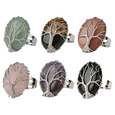 Chakra Gemstone Tree Of Life Quartz Crystal Copper Wire Wrap Opening Finger Ring • £4.79