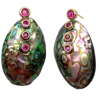 Natural Abalone Shell Red Cz Pave Dangle Stud Earrings • £7.22