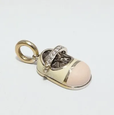Aaron Basha 18k White Gold Pink & Yellow Enamel Baby Shoe Charm W Diamond • $1100