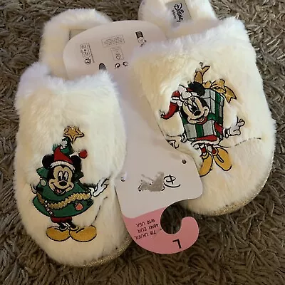 BNWT Ladies White Primary Disney Mickey & Minnie Slippers Christmas Sz Large 7-8 • £10