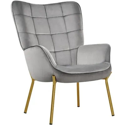 Armchair Mid-century Accent Chair Modern Velvet Upholstered With High Back Gray • £84.99