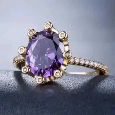 2.50Ct Oval Cut Lab Created Amethyst Birthday Ring 14K Yellow Gold Plated Silver • $89.59