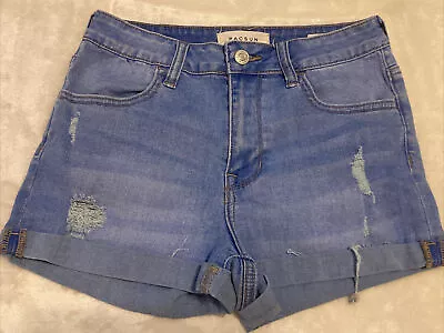 Womens Pacsun Blue Cuffed Super Stretch Shortie Distressed Denim Shorts Size 27 • £6.71