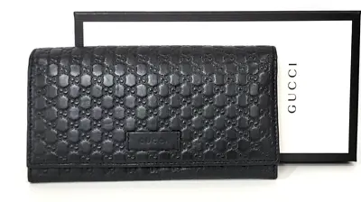 Authentic GUCCI Micro Guccissima Continental Flap Wallet Purse Leather Black • $313
