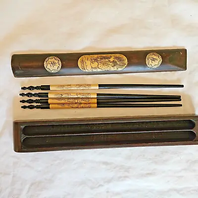 Vintage Wooden Box W/4 Chopsticks Set Sliding Lid • $14