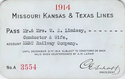 1914 Missouri Kansas Texas Lines Mkt Railroad Railway Rr Rwy Ry Pass   • $15