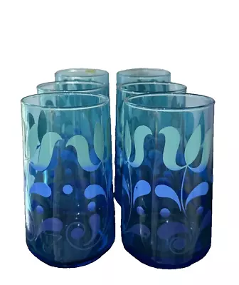 Vintage Mid Century Modern Blue Ombre Floral Glass Tumblers Set Of 6 • $35