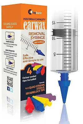 LugGuards Quad Stream Ear Wax Removal Syringe 50ml + 4 Coloured Coded Tips UK • £7.89