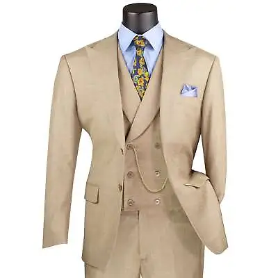 VINCI Men's Taupe Textured 3pc Modern Fit Suit W/ Adjustable Waistband NEW • $135