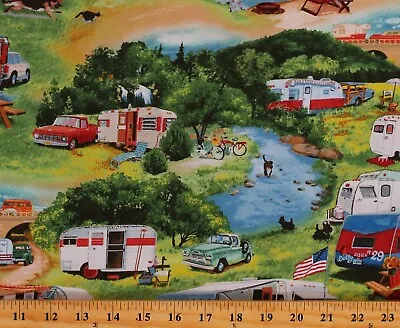 Cotton Vintage Trailers Campers Camping Fabric Print By The Yard D675.40 • $11.95