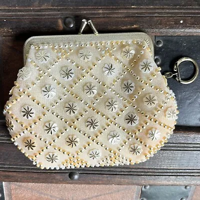 Vintage Starburst Gold Beaded Starry Coin Change Purse White Gold Kiss Lock • $8.55