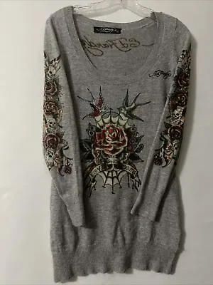 Ed Hardy Vintage Y2K Gray Knit Top Dress Medium Love And Roses Sequins Skulls • $75