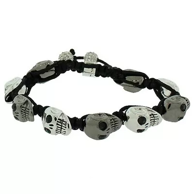 Chrome Silver Black And White Crystals Alloy Scull Macrame Beaded Mens Bracelet • $19.99