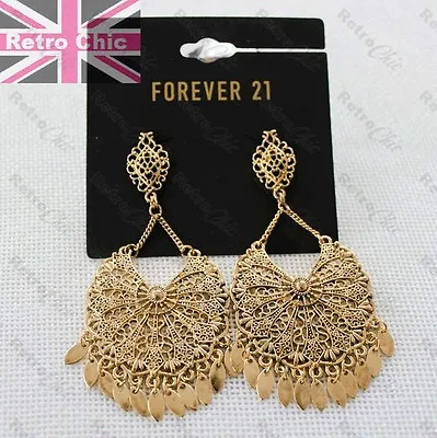 BIG 3 Long FILIGREE GYPSY EARRINGS Gold Fashion LARGE Ornate METAL VINTAGE LACE • $5.04