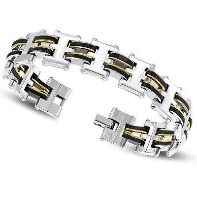 Stainless Steel Silver-Tone Gold-Tone Black Link Chain Men's Bracelet 8.5  • $19.99