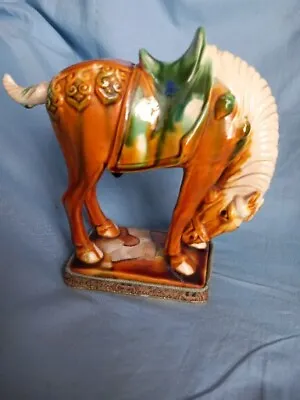 Chinese Porcelain Horse -Tang Style-3 Colour-18cm X 18cm -On Stand-Partial Label • £25.25