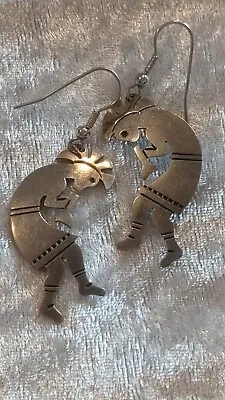 Large Native American Sterling Silver Kokopeli Cutout Drop Earrings • £35