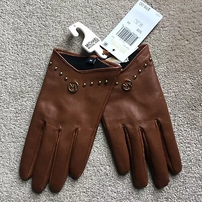 $98 MICHAEL KORS Women's Leather Logo Studded Short Touch Tip Gloves M Brown • $29.99