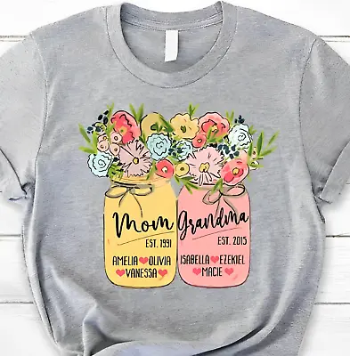 Personalized Great Mom Grandma Est Tshirt Mason Jars Grandchild S-5Xl • $21.97