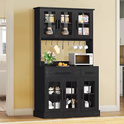 71'' Kitchen Pantry W/ Power Outlet Microwave Stand Drawer Buffet Cupboard Black • $209.99