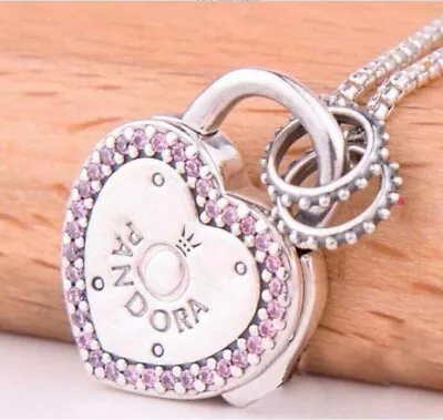 Authentic Pandora Necklace Heart Silver Lock Your Promise Pink 396583FPC 23.6  • $59.99