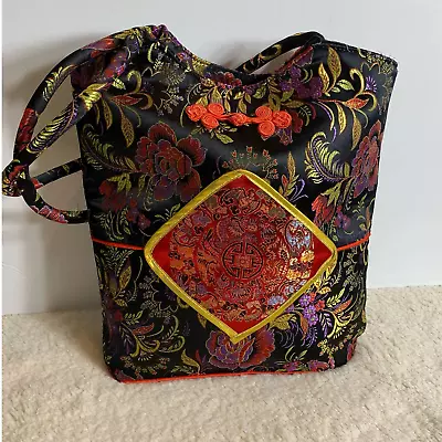 Handbag Purse Tote Japan Asian Handmade Zip Closure Black Floral Design Vintage • $17.96