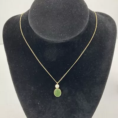 Vtg Sorrento 12K GF Jade Pearl Pendant Necklace Oval Sawtooth Bezel Set Signed • $26.99